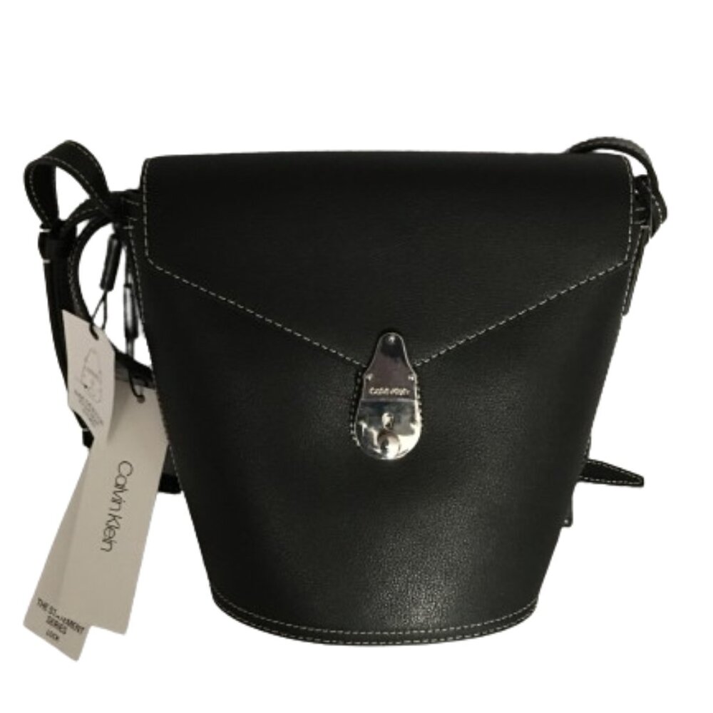 Calvin Klein Lock Leather Bucket Bag - Black/Silver